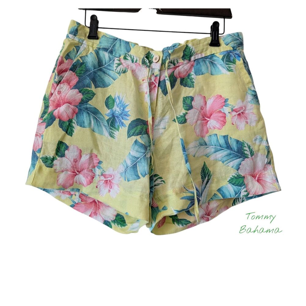 Tommy Bahama Linen Tropical Floral Shorts M Yellow Hibiscus Drawstring